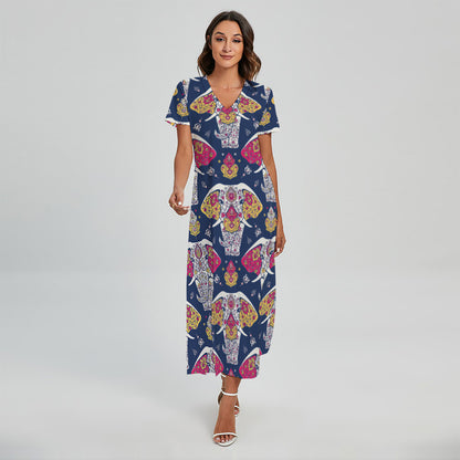 Indian Floral Elephant Pattern Print Short Sleeve Maxi Dress