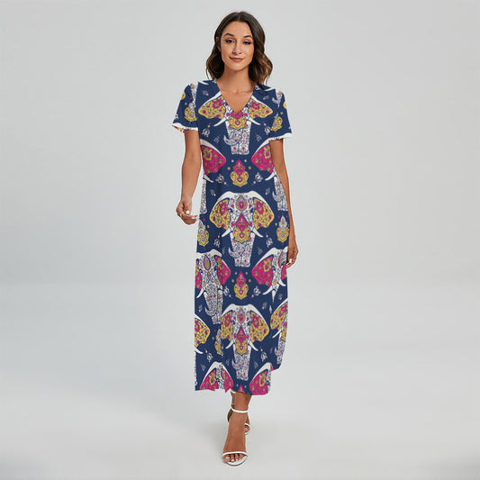 Indian Floral Elephant Pattern Print Short Sleeve Maxi Dress