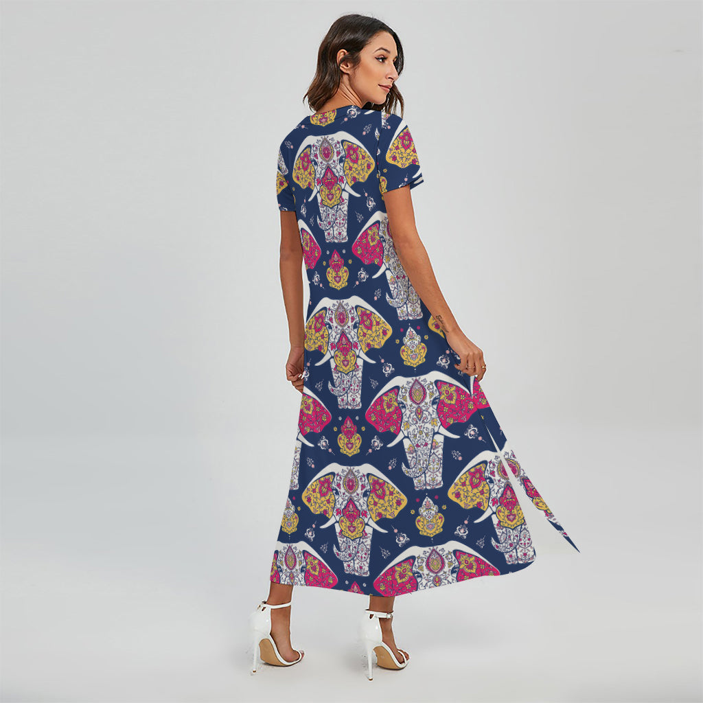 Indian Floral Elephant Pattern Print Short Sleeve Maxi Dress