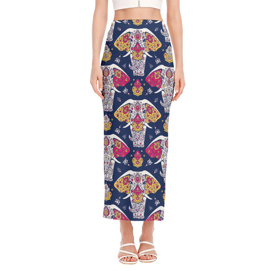Indian Floral Elephant Pattern Print Side Slit Maxi Skirt