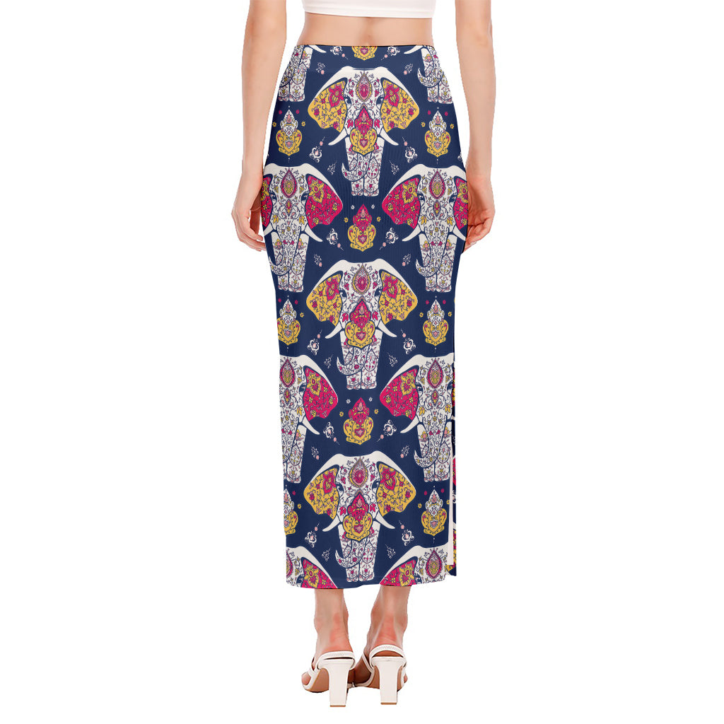 Indian Floral Elephant Pattern Print Side Slit Maxi Skirt