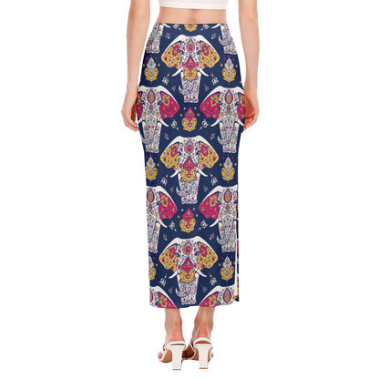 Indian Floral Elephant Pattern Print Side Slit Maxi Skirt