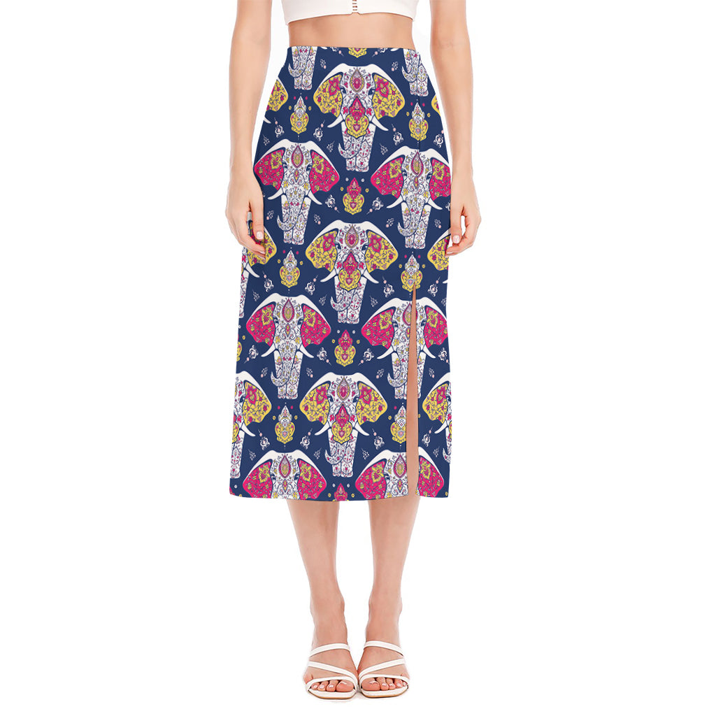 Indian Floral Elephant Pattern Print Side Slit Midi Skirt