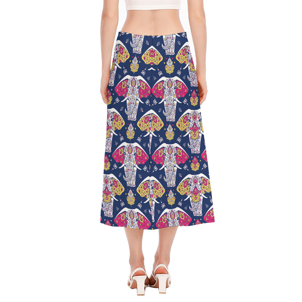 Indian Floral Elephant Pattern Print Side Slit Midi Skirt