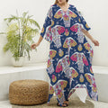 Indian Floral Elephant Pattern Print Silk V-Neck Kaftan Dress