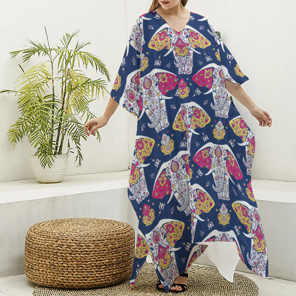 Indian Floral Elephant Pattern Print Silk V-Neck Kaftan Dress