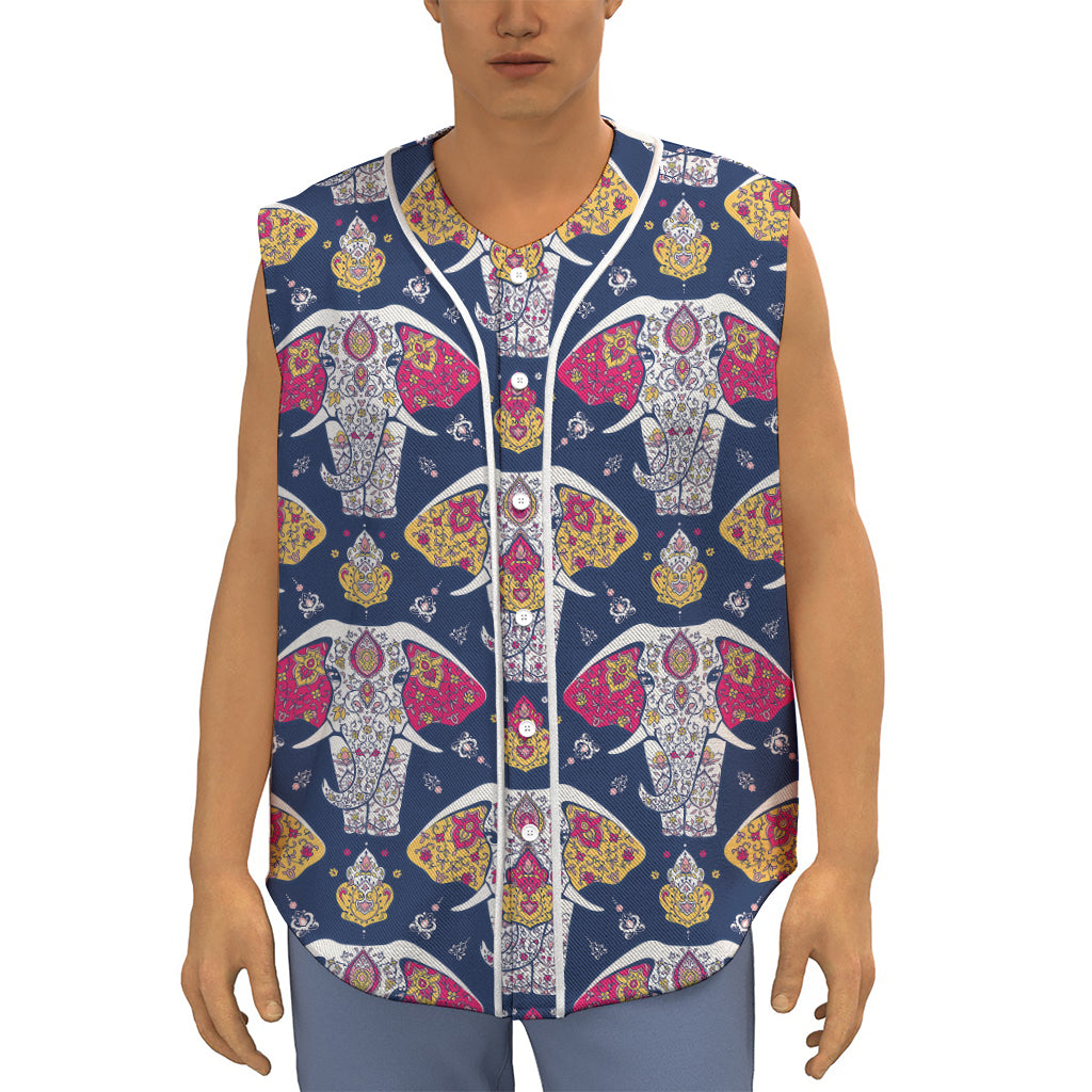 Indian Floral Elephant Pattern Print Sleeveless Baseball Jersey