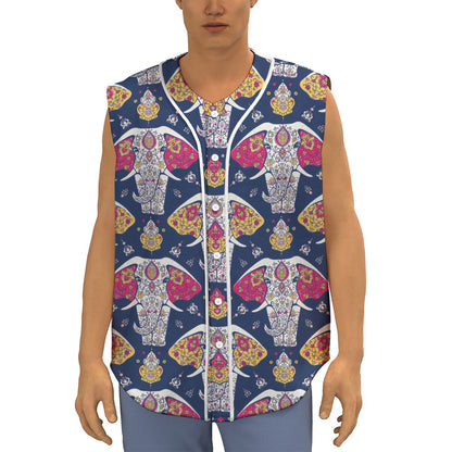 Indian Floral Elephant Pattern Print Sleeveless Baseball Jersey