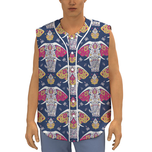 Indian Floral Elephant Pattern Print Sleeveless Baseball Jersey
