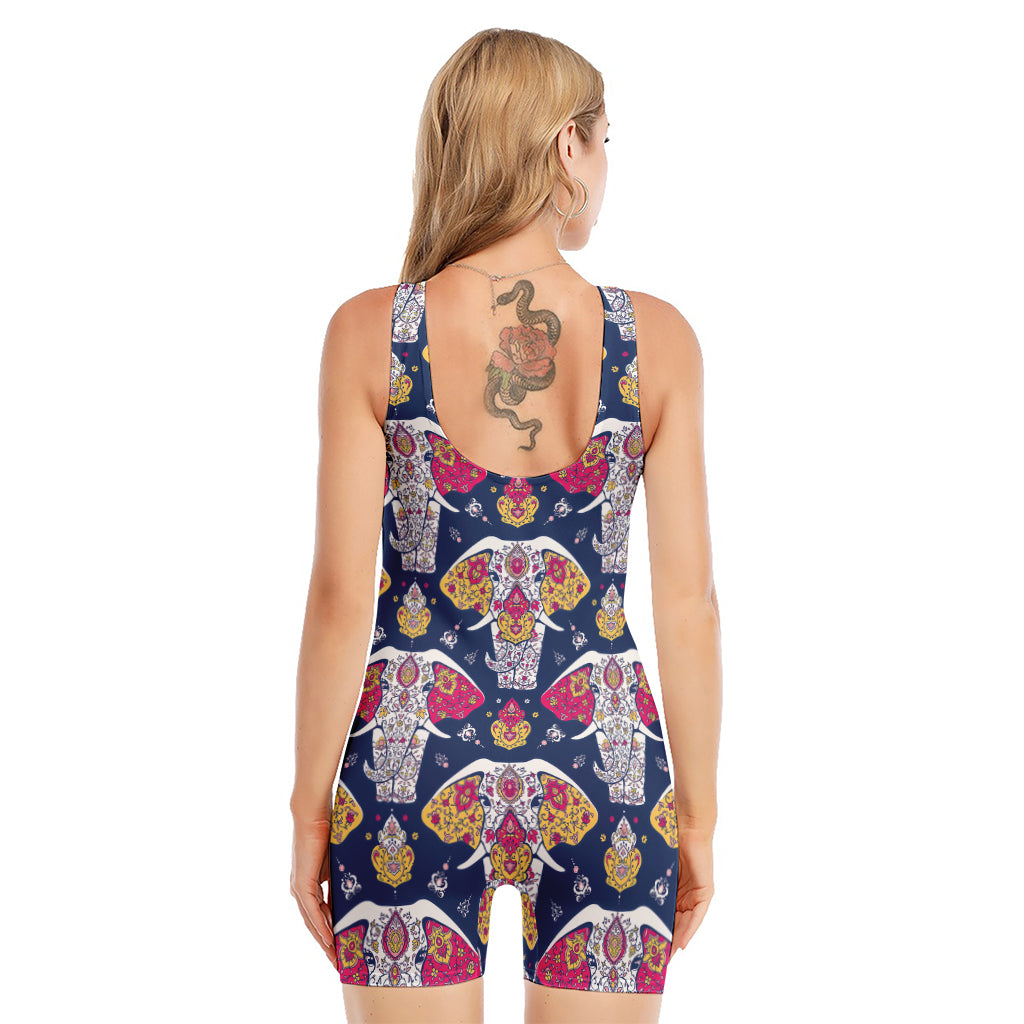 Indian Floral Elephant Pattern Print Sleeveless One Piece Swimsuit