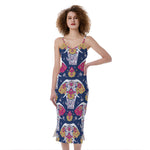 Indian Floral Elephant Pattern Print Slim Fit Midi Cami Dress