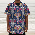 Indian Floral Elephant Pattern Print Textured Short Sleeve Shirt