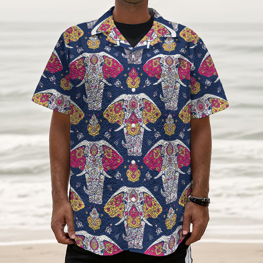 Indian Floral Elephant Pattern Print Textured Short Sleeve Shirt