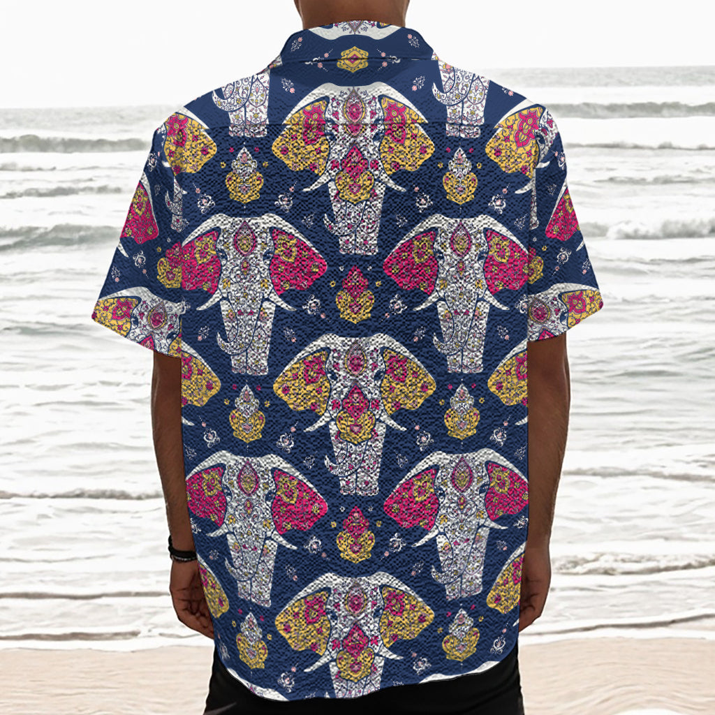 Indian Floral Elephant Pattern Print Textured Short Sleeve Shirt