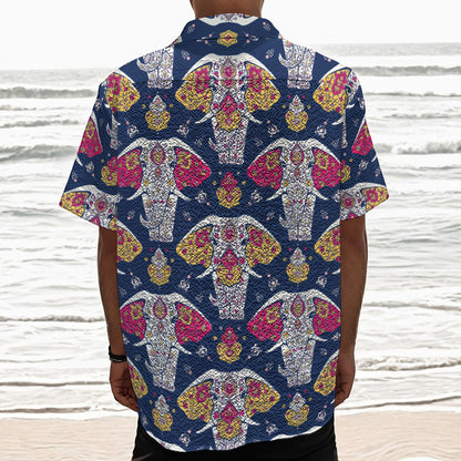 Indian Floral Elephant Pattern Print Textured Short Sleeve Shirt