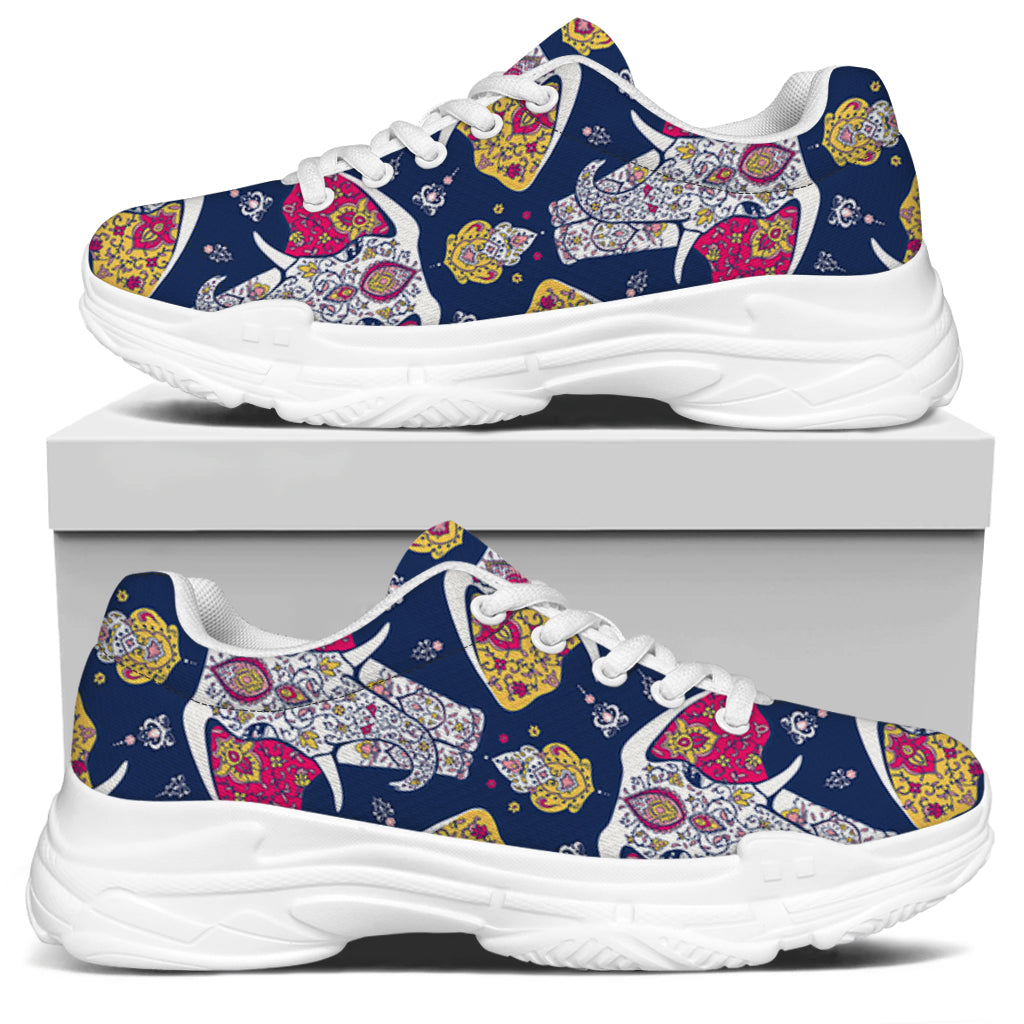 Indian Floral Elephant Pattern Print White Chunky Shoes