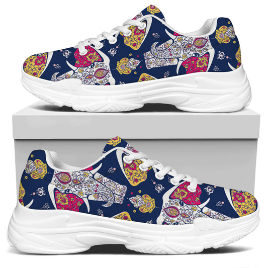 Indian Floral Elephant Pattern Print White Chunky Shoes