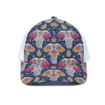 Indian Floral Elephant Pattern Print White Mesh Trucker Cap