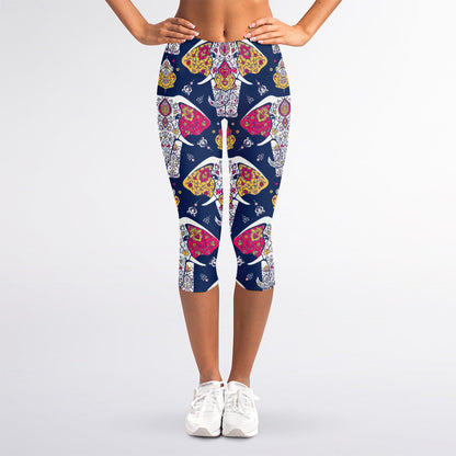 Indian Floral Elephant Pattern Print Women's Capri Leggings
