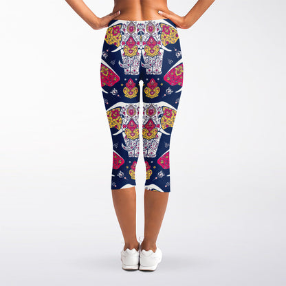 Indian Floral Elephant Pattern Print Women's Capri Leggings