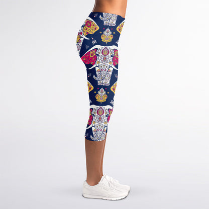 Indian Floral Elephant Pattern Print Women's Capri Leggings