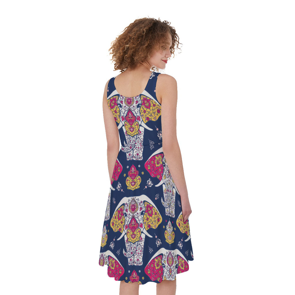 Indian Floral Elephant Pattern Print Women's Sleeveless Dress