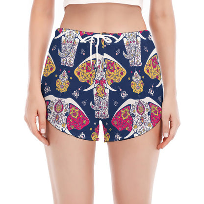 Indian Floral Elephant Pattern Print Women's Split Running Shorts