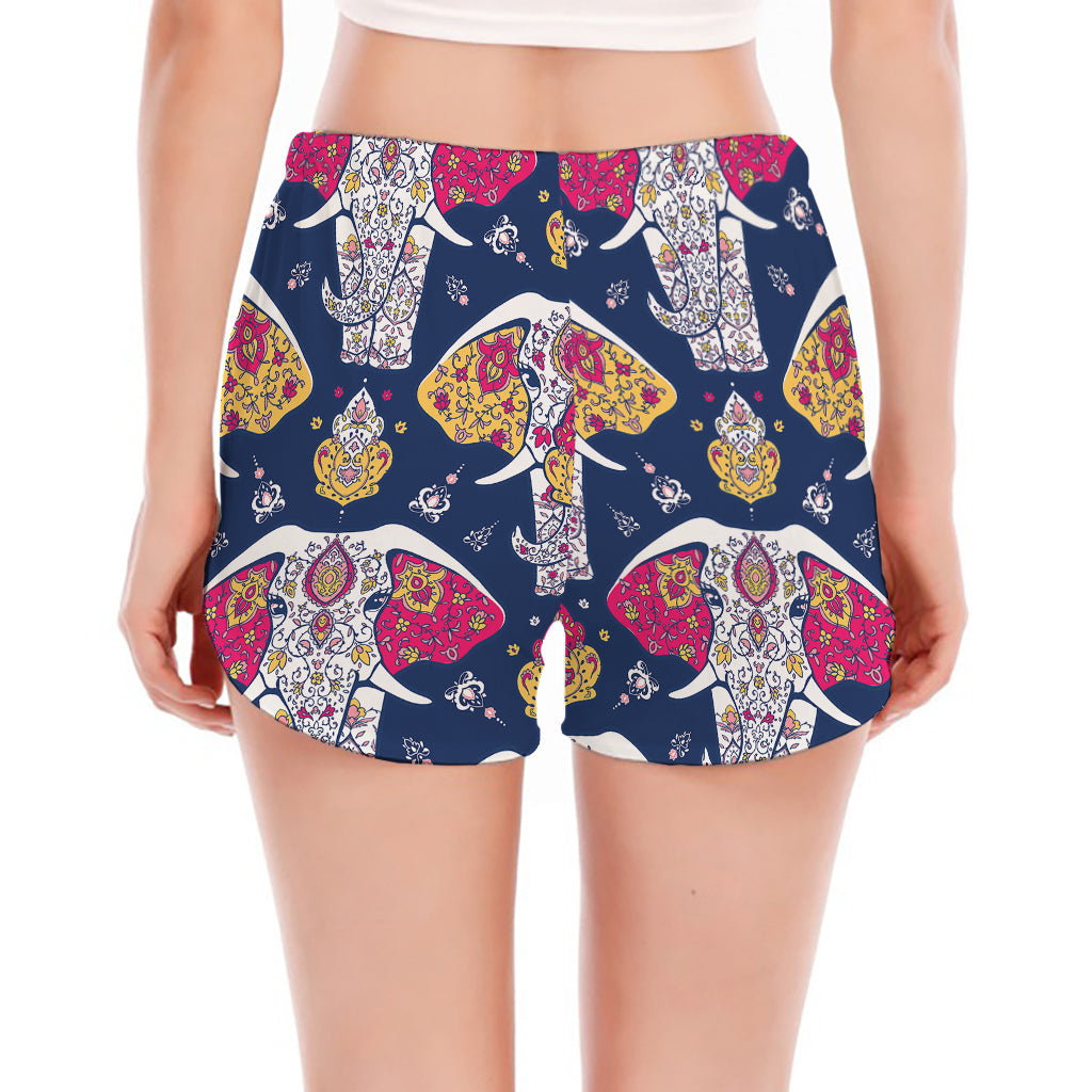 Indian Floral Elephant Pattern Print Women's Split Running Shorts
