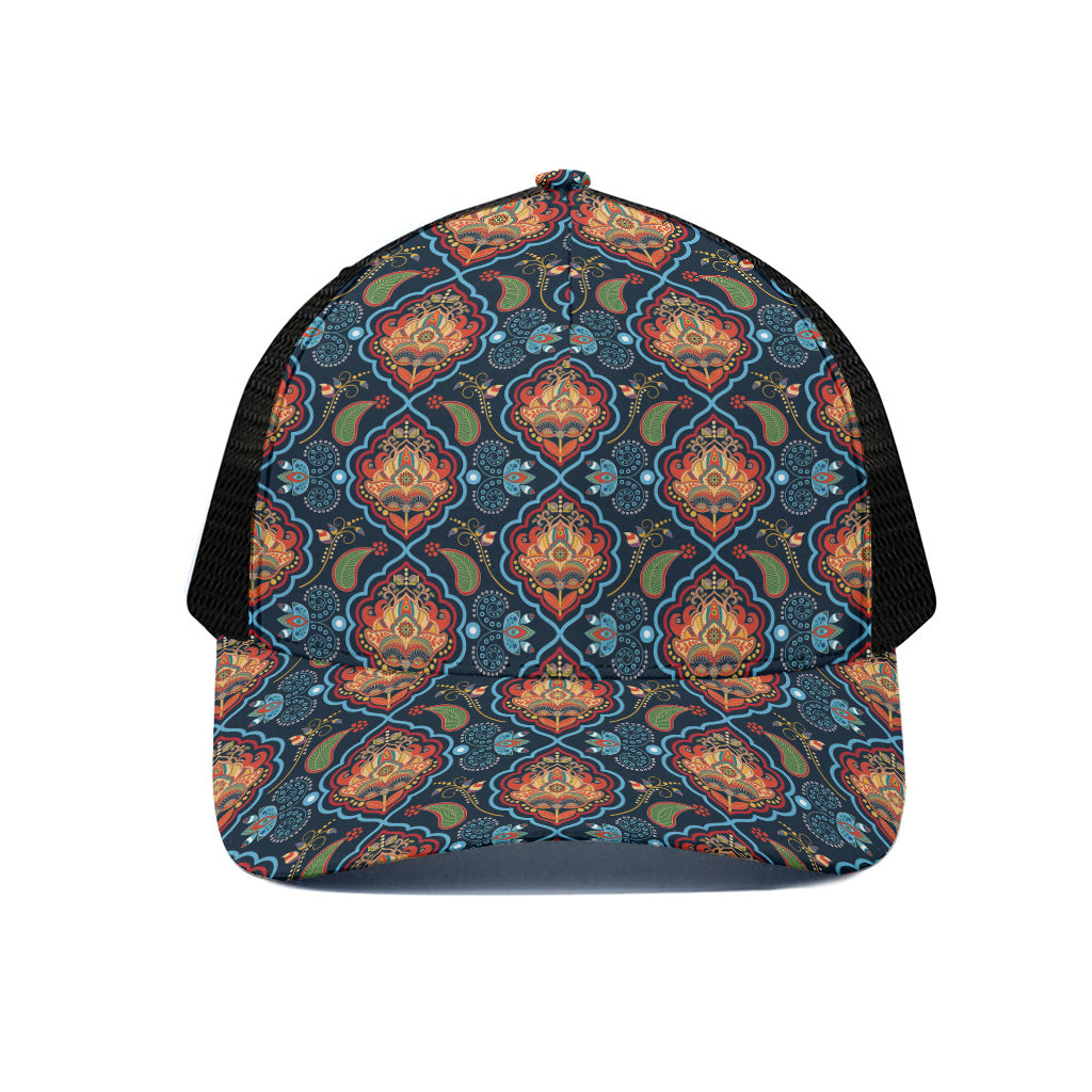 Indian Floral Paisley Pattern Print Black Mesh Trucker Cap