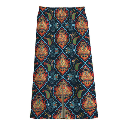 Indian Floral Paisley Pattern Print Cotton Front Slit Maxi Skirt