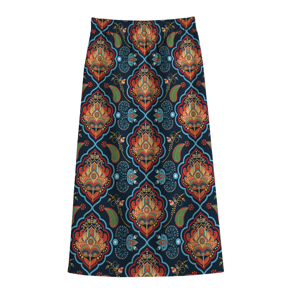 Indian Floral Paisley Pattern Print Cotton Front Slit Maxi Skirt