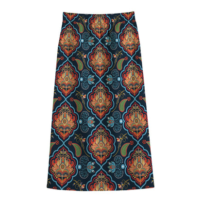 Indian Floral Paisley Pattern Print Cotton Front Slit Maxi Skirt