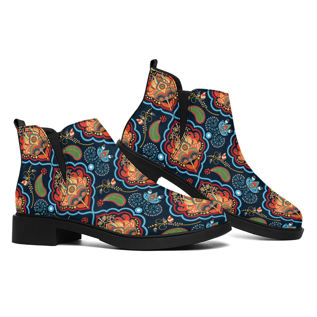 Indian Floral Paisley Pattern Print Flat Ankle Boots