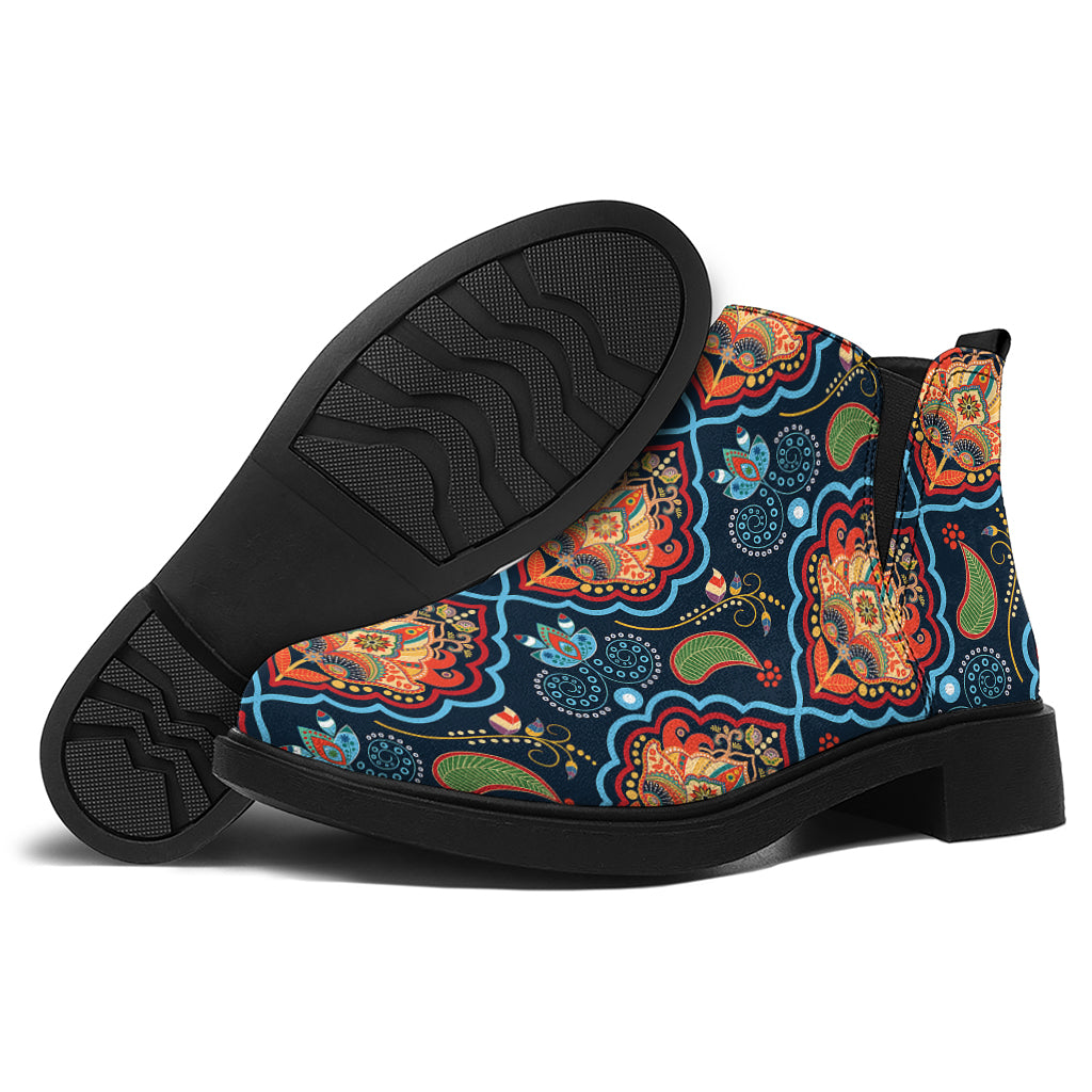 Indian Floral Paisley Pattern Print Flat Ankle Boots