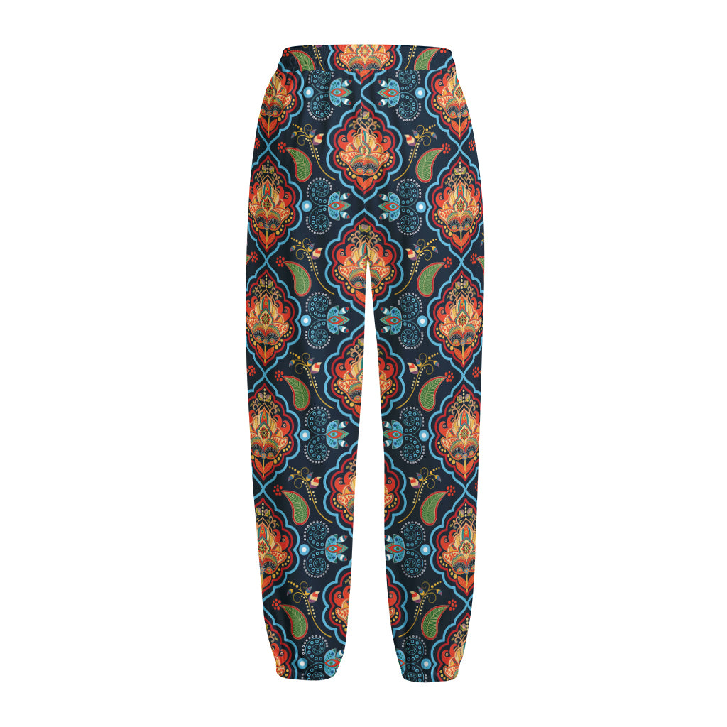 Indian Floral Paisley Pattern Print Fleece Lined Knit Pants