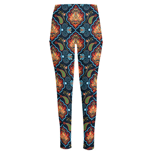 Indian Floral Paisley Pattern Print High-Waisted Pocket Leggings