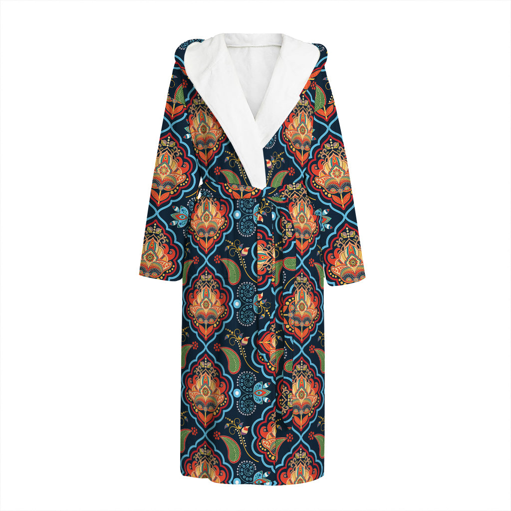 Indian Floral Paisley Pattern Print Hooded Bathrobe