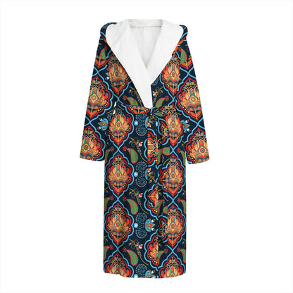 Indian Floral Paisley Pattern Print Hooded Bathrobe