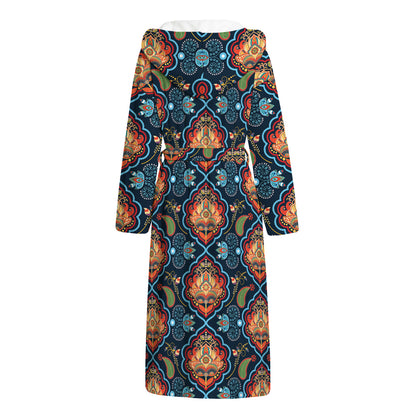 Indian Floral Paisley Pattern Print Hooded Bathrobe
