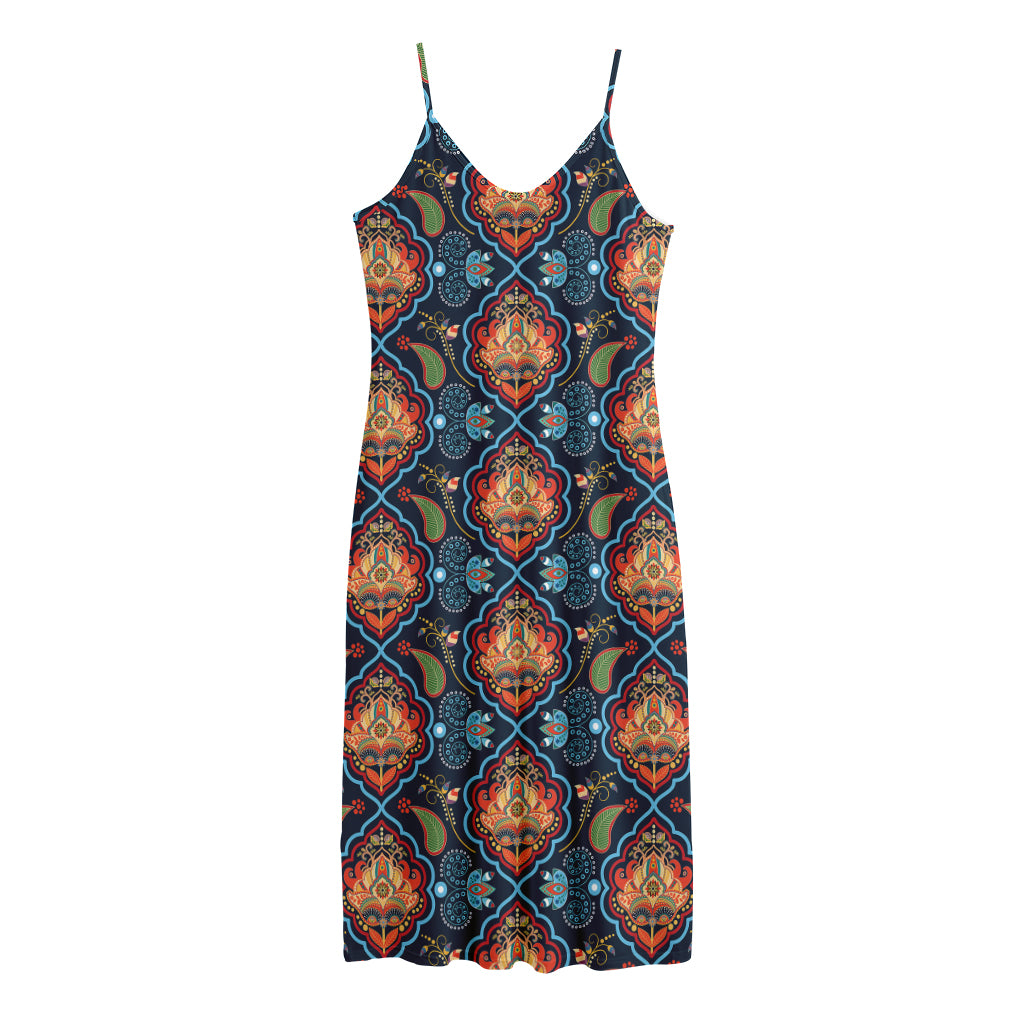 Indian Floral Paisley Pattern Print Jersey Midi Cami Dress