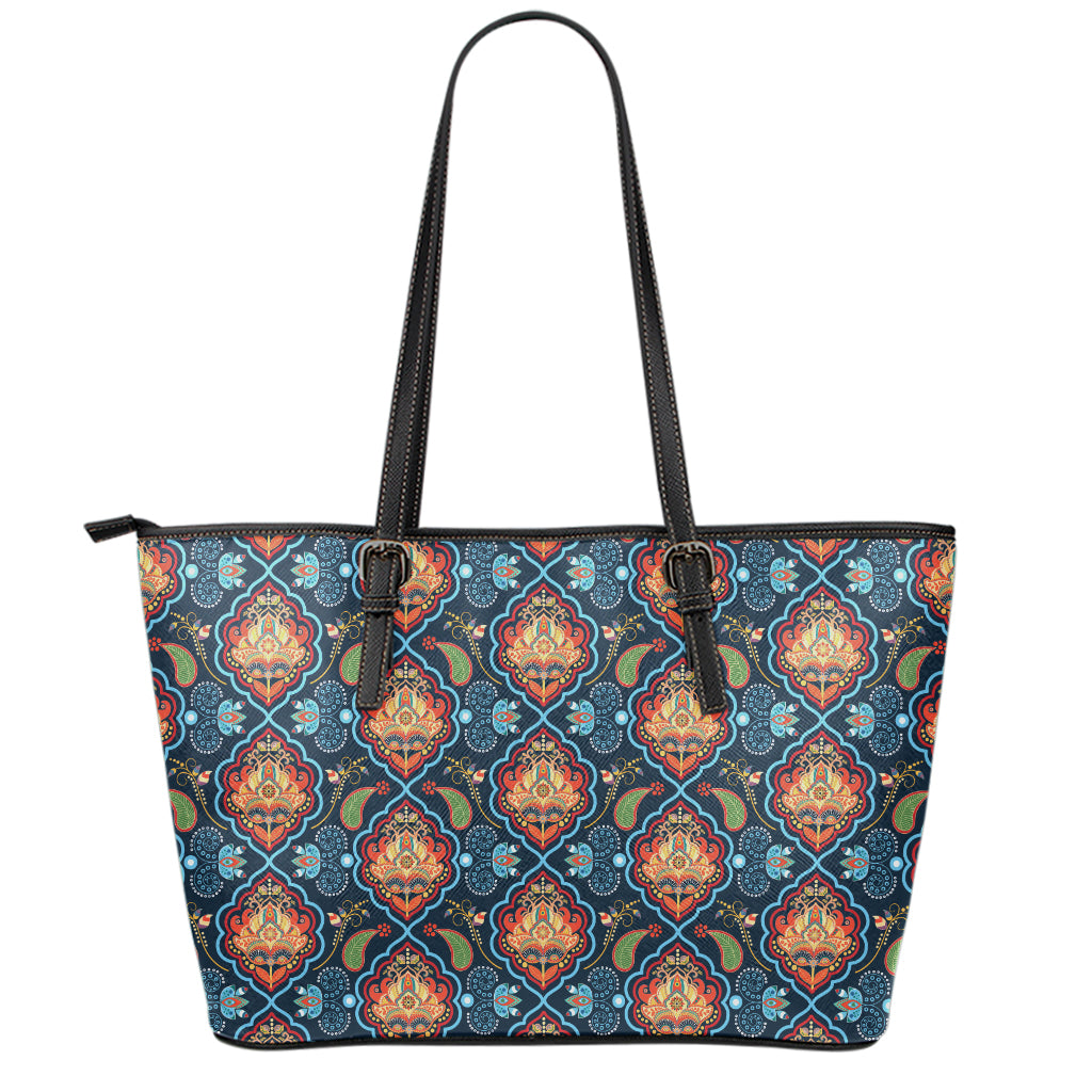 Indian Floral Paisley Pattern Print Leather Tote Bag