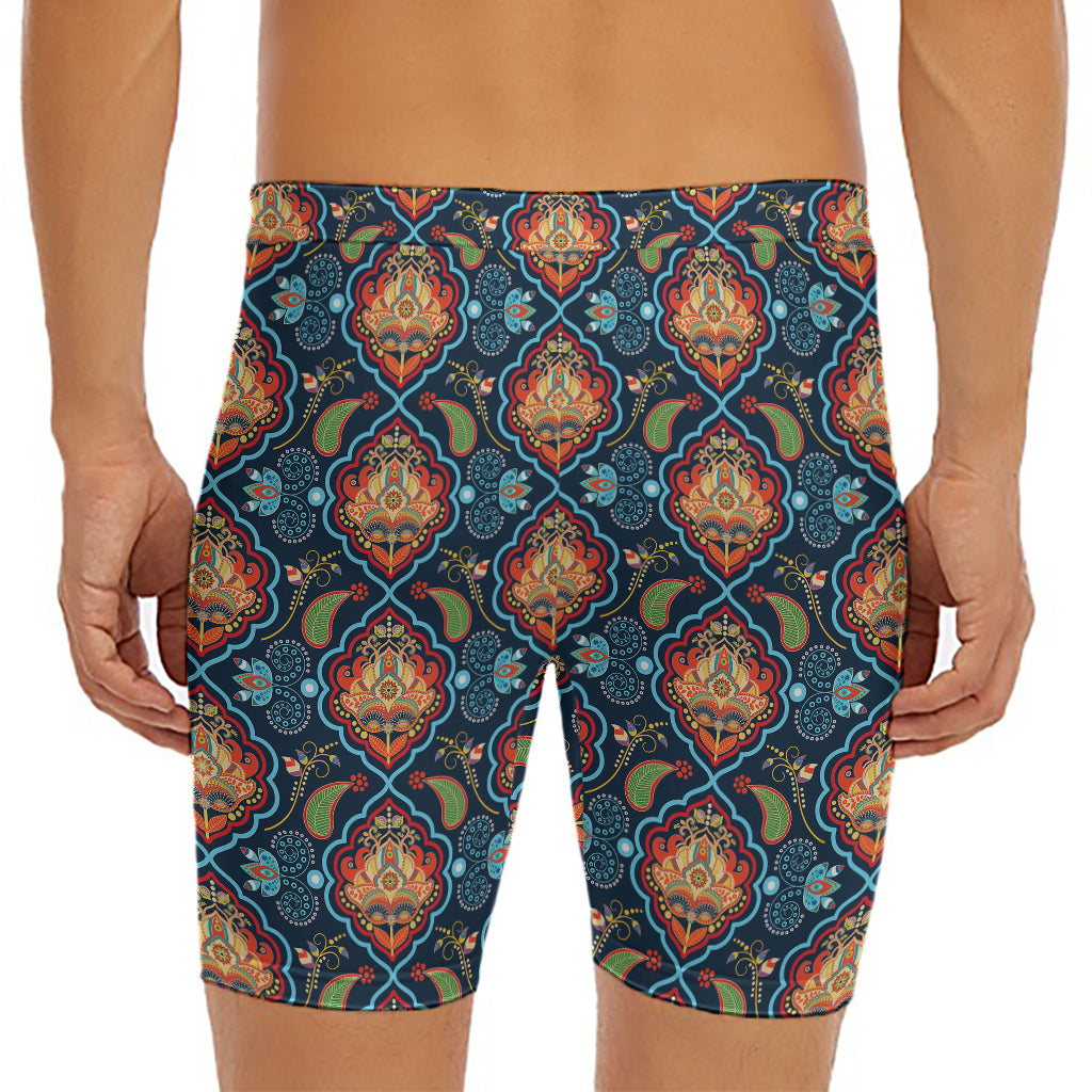 Indian Floral Paisley Pattern Print Men's Long Boxer Briefs