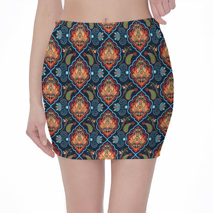 Indian Floral Paisley Pattern Print Pencil Mini Skirt