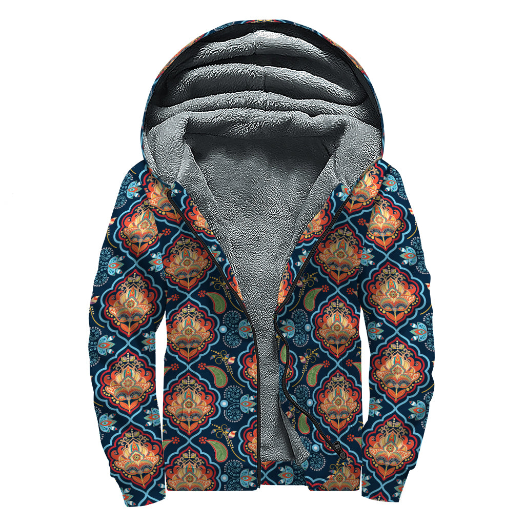 Indian Floral Paisley Pattern Print Sherpa Lined Zip Up Hoodie