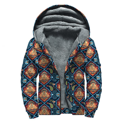 Indian Floral Paisley Pattern Print Sherpa Lined Zip Up Hoodie