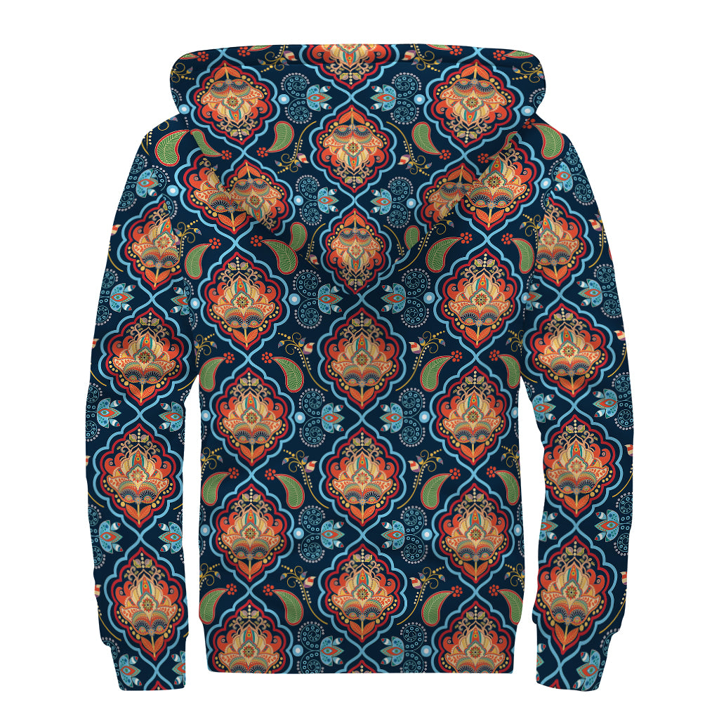 Indian Floral Paisley Pattern Print Sherpa Lined Zip Up Hoodie