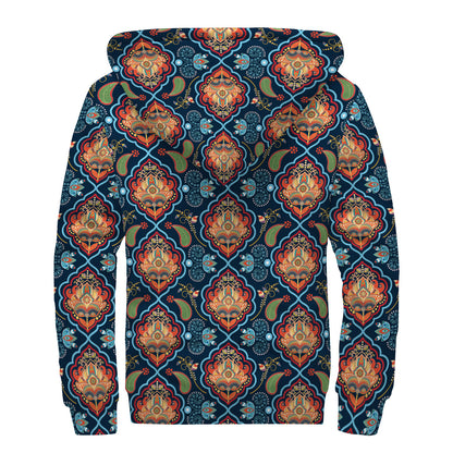 Indian Floral Paisley Pattern Print Sherpa Lined Zip Up Hoodie