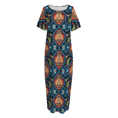 Indian Floral Paisley Pattern Print Short Sleeve Long Nightdress