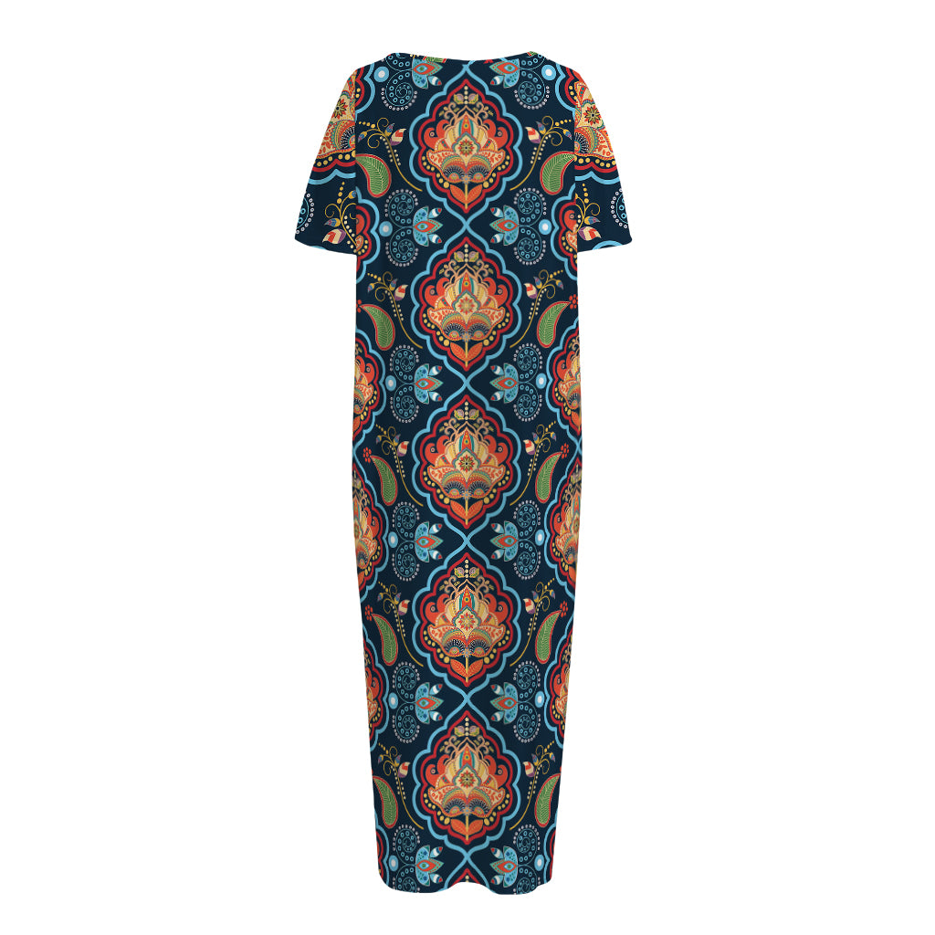 Indian Floral Paisley Pattern Print Short Sleeve Long Nightdress