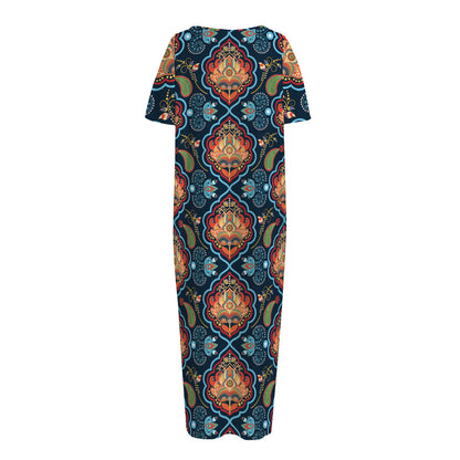 Indian Floral Paisley Pattern Print Short Sleeve Long Nightdress
